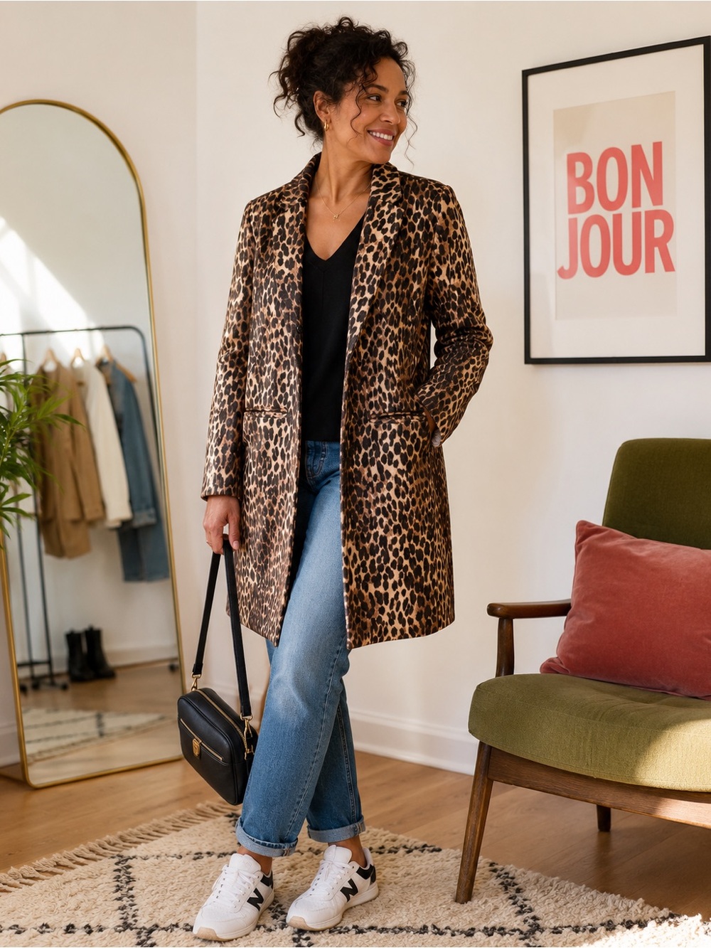 New York & Company Leopard Print Longline Blazer Coat Medium